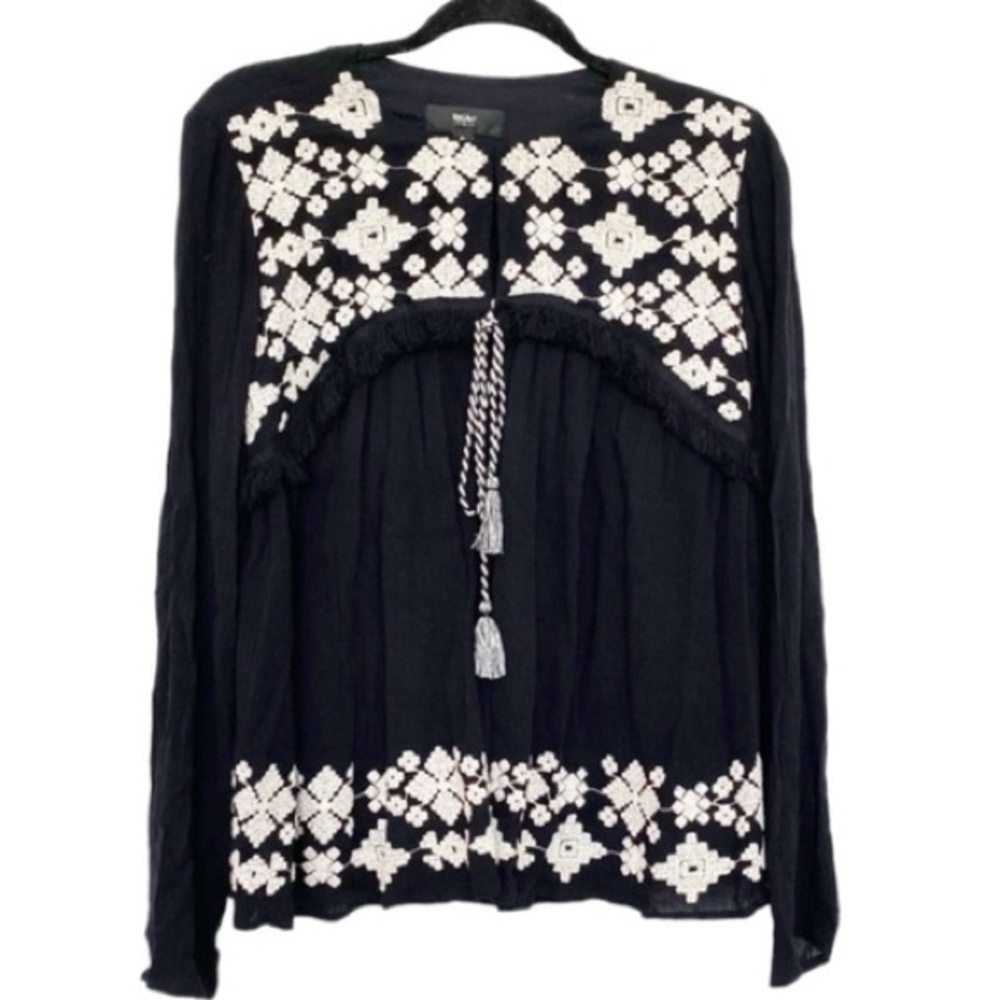 MOSSIMO Bohemian Long Sleeve Black Peasant Blouse Top w White Embroidery - Picture 2 of 11